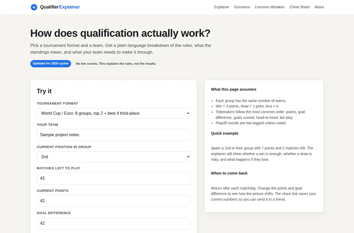 Screenshot of Sports Qualifier Explainer interface showing the project page in use
